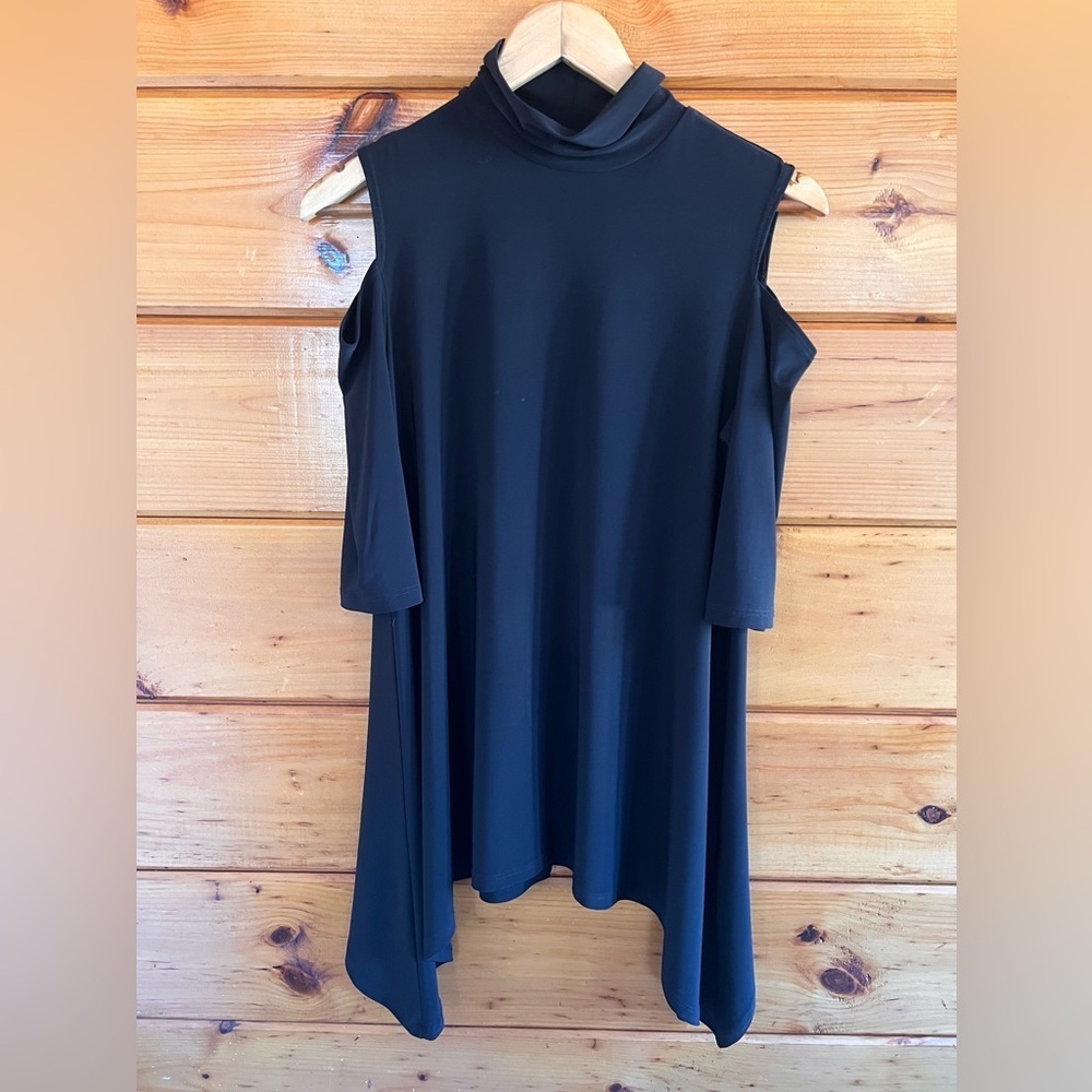 Joseph Ribkoff Black Cold Shoulder Beaded Mock Neck Collared Shift Dress Size 8